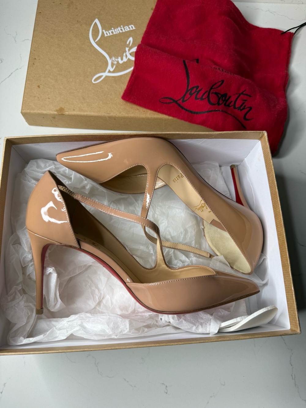 Christian Louboutin Beige Patent Leather Pointed-Toe Cross-Strap Heels